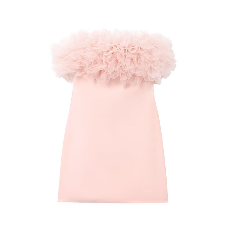 Trägerloses Rüschen Minikleid Pompom