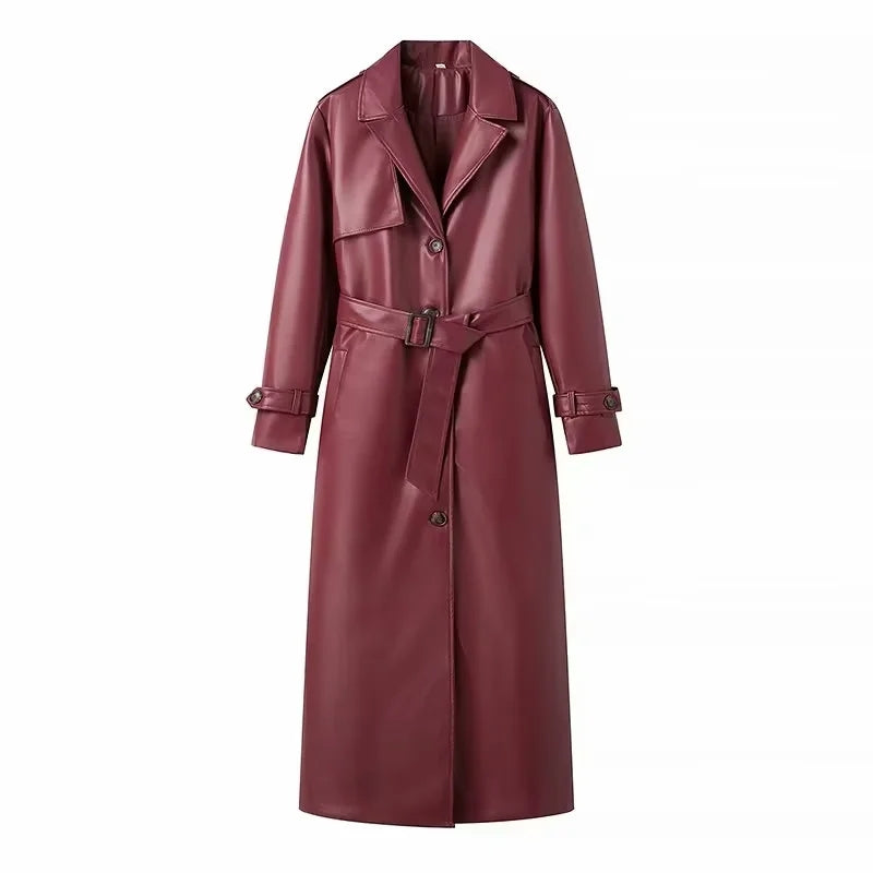 Langer Trenchcoat aus Kunstleder mit Gürtel Ruby