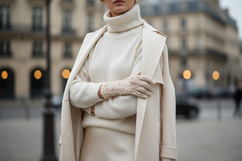 erstelle ein hochformatiges bild einer frau die erkenntlich ist bis zur nase. in der halbtotalen man erkennt noch etwas von dem satinrock den sie trägt . sie hat einen cremeweißen strick pullover an mit turtleneck über ihren schultern liegt ein cremeweißer langer trenchcoat. sie trägt helle spitzenhandschuhe an ihren händen. die arme sind verschränkt vor ihrer brust. im hintergrund erkennt man leicht die altstadt von paris etwas unscharf. im vordergrund steht das oberteil das sie trägt.
