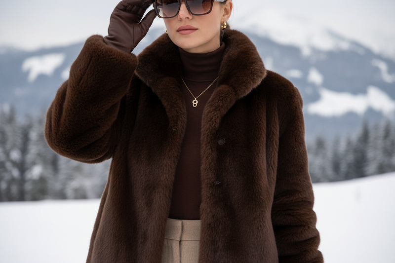ich möchte eine nur bis zur nase erkenntliche frau in einer schokoladen braunen fake fur mantel mit unauffälligem goldschmuck und lederhandschuhen  in einer lockeren position eine hand greift richtung sonnenbrille im gesicht. der Hintergrund ist etwas blurry eine schweizer winterlandschaft ihre Hose ist beige und dazu trägt sie cremefarbene dicke winterstiefel. im hochformat